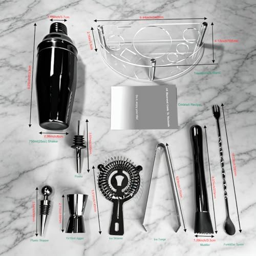 9-Piece Cocktail Shaker with Stand, 25oz Bartender Kit, Cocktail Shaker with Strainer Set, Bar Set Jigger for Bartending Drink Mixer Set, Cocktail Set Recipe (Black)