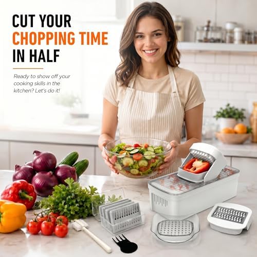 7-in-1 Vegetable Chopper – Mandoline Slicer Dicer with Container, Easy Tap Chop Food Cutter, 7 Interchangeable Blades for Onion Potato Cucumber, Kitchen Essentials Gift