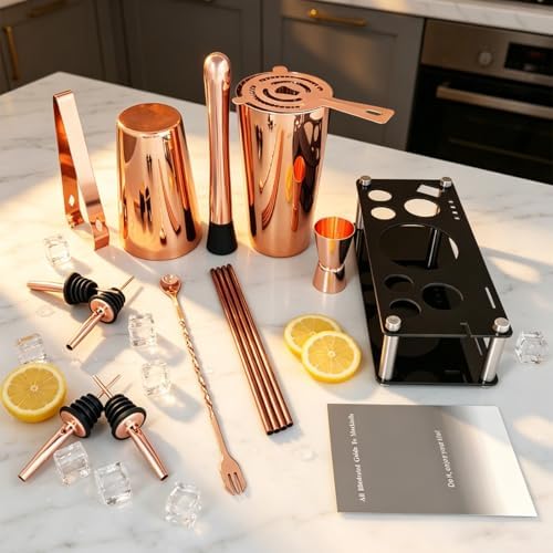 Professional Cocktail Shaker Set with Stand Cocktail Recipes, 15-Piece 750/600ml Bartender Kit, Bar Sets Bartending Kit Bar Tool Set 25/20oz Boston Shakers, Jigger, Muddler (Rose Gold)