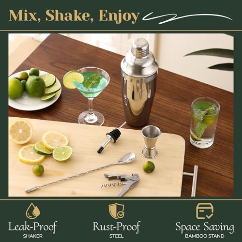 Cocktail Shaker Set,24-Piece Bartender Kit – Complete Bartending Kit Bar Set with Stand,Drink Shaker & Mixer – Perfect Bar Accessories for Home Bar Set,Housewarming Gifts for Men & Women,Silver