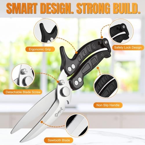 Poultry Shears Heavy Duty Professional, Kitchen Shears for Poultry,Turkey, Chicken & Bone Cutting, Multi-purpose kitchen Scissors Spring-Loaded, Dishwasher Safe, Meat Shear with Non-Slip Handle, Black