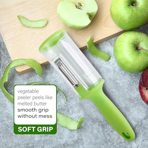 Vegetable Peeler with Container Set of 2 – Multifunctional Fruit and Vegetable Peeler with Catcher – Stainless Steel Blade, Non-Slip Handle, Easy Storage Peeler for Kitchen and Home Cooking