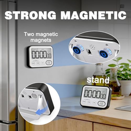 Digital Kitchen Timer Magnetic Loud Alarm, Large LCD Screen Silent/Beeping Multi-Function for Teachers Classroom Kids, Black