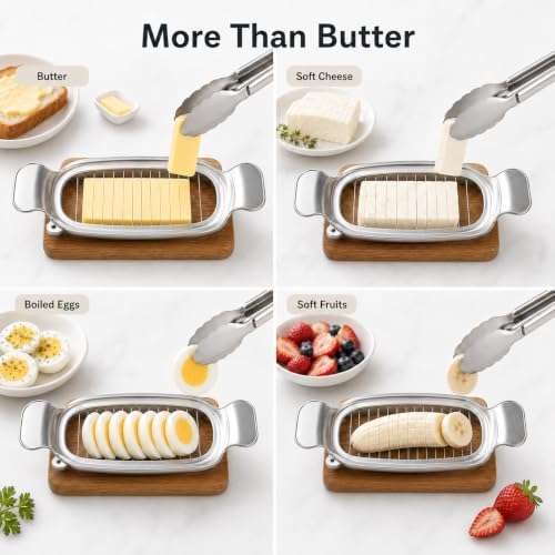 Butter Slicer Cutter with Serving Tongs, 304 Stainless Steel Butter and Cheese Cutter Wire Slicer Kitchen Gadget for Block Butter, Soft Cheese, Toast, Pancakes, Breakfast, Baking and Serving