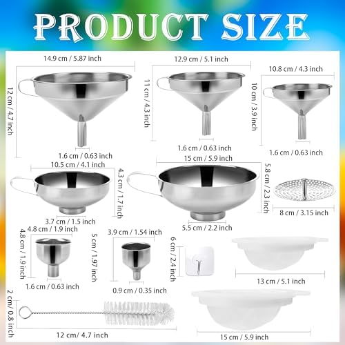 20 Pcs Canning Funnels Stainless Steel Wide and Narrow Mouth Strainer for Regular Mason Jar Filling Kitchen Use with Mesh Filter Brush Hook Metal Food Funnel Supplies Kit