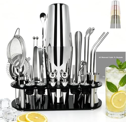 22-Piece Cocktail Shaker Set, 25/20oz Bartender Kit, Bartending Stainless Steel Bar Tools Sets for Drink Mixing, Boston Cocktail Shakers with Stand Recipes Booklet (Siver 25-20oz)