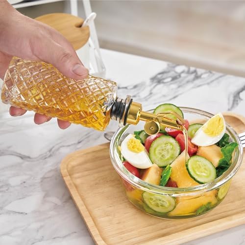 Glass Olive Oil Dispenser Bottle Small, 6.5 Oz/ 200 ml Coffee Simple Syrup Bottles with Gold Metal Pour Spout, Funnel, Measuring Cup, Oil and Vinegar Bottle for Kitchen (2 Pack)