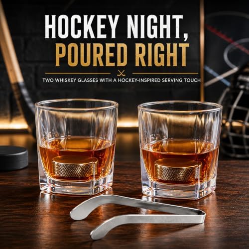Hockey Puck Whiskey Stones Gift Set with 2 Glasses & Stick Tongs - 7pc Stainless Steel Chilling Rocks, Chill Non-Diluting Freezer Kit, Cool Hockey Gifts for Men, Him, Dad, N H L Gift Boyfriend & Fans