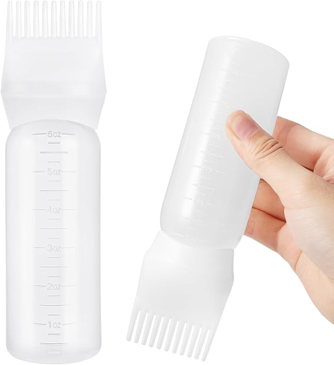 Pimoys 6Oz Root Comb Hair Dye Oil Applicator Bottles for Scalp, White | Plastic Squeeze Bottle Dispenser with Graduated Scale, Comb Tip Applicator For Hair Coloring and Scalp Oiling, Home Salon Use