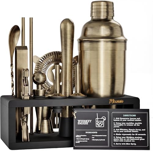 Brushed Brass Mixology Kit - 15 Piece Bar Tool Set, Silver Bar Set Cocktail Shaker Set for Drink Mixing - Includes Martini Shaker, Jigger, Strainer, Bar Mixer Spoon, Tongs, Opener | Gift Idea
