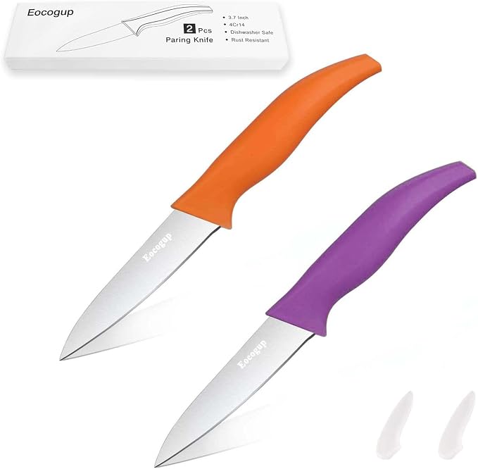 Eocogup Paring Knife,3.7 inch Fruit and Vegetable Knife,Stainless Steel Dishwasher Safe Rust Proof Super Sharp,Comfortable Bigger Handle,PP Plastic Colors Handle(Set of 2)