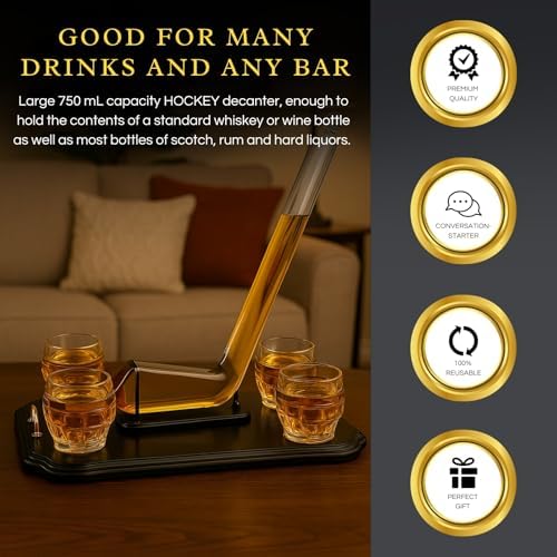 Ice Hockey Whiskey Decanter Set with 4 Unique Helmet Glasses, 750ml Decanter and 8oz Glasses – Perfect for Hockey Fans Gift, Whiskey Lovers, Sports Enthusiasts, Birth, or Holidays by The Wine Savant