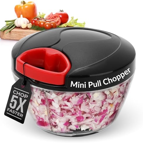 Manual Pull Mini Chopper 400ml – Handheld Vegetable Chopper for Onion, Garlic, Nuts, Herbs & Salad Prep – Compact Food Processor with Sharp Stainless Steel Blades, BPA-Free & Easy to Clean