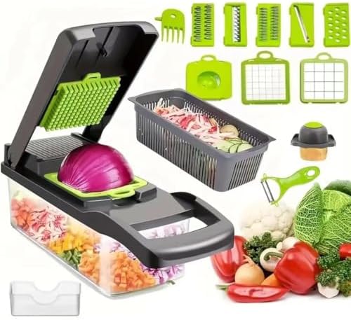 Pro-Series 16-in-1 Vegetable Chopper, Veggie Chopper, Food Chopper with Container, Vegetable Cutter Chopper & Spiralizer for Onion Salad (Grey, 16-piece set)