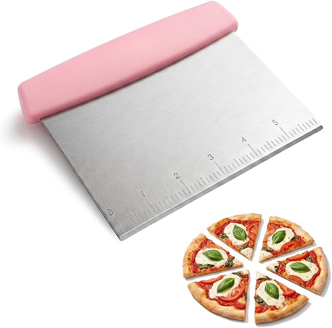 Stainless Steel Dough Scraper & Chopper with Measurement Marks, Multi-Purpose Pastry Cutter for Pizza Bread Cookie Dough, Heavy Duty Scraper with Non-Slip Handle (Pink)