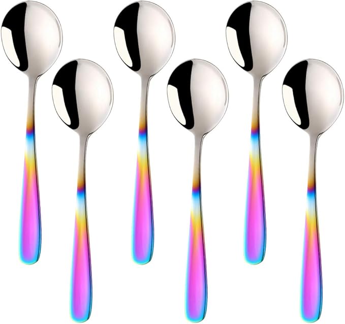 Buyer Star Bouillon Spoon Sets, 7-Inch Round Soup Spoons, Stainless Steel Finished Table Dinner Spoons (Gradient Rainbow)