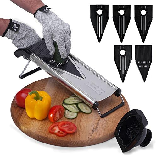 [Improved] V-Blade Mandoline Food Slicer + FREE Cut-Resistant Gloves - Stainless Steel Adjustable Vegetable Mandolin Slicer, Julienne Cutter - Includes 5 Inserts, Food Holder & Blade Guard