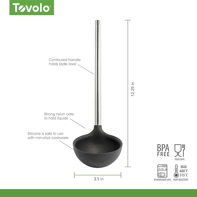 Tovolo Silicone Ladle With Stainless Steel Handle Deep Soup Ladle for Cooking Canning Serving Soup Punch Stew Sauce, Large Kitchen Utensil Spoon Dishwasher Safe BPA Free Silicone Charcoal Gray