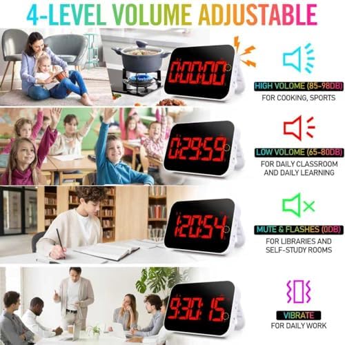 Kitchen Timer for Cooking, Rechargeable Digital Magnetic Timer with Large LED Display, Loud Alarm, Sound Countdown, 4 Volume Levels and 3 Brightness for Classroom, Study (red)