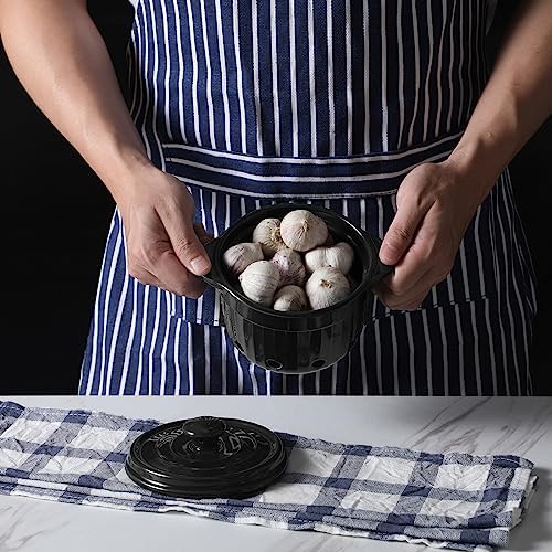 Garlic Keeper with Lid, Ceramic Garlic Saver Container for Countertop, Kitchen Decor (Black)