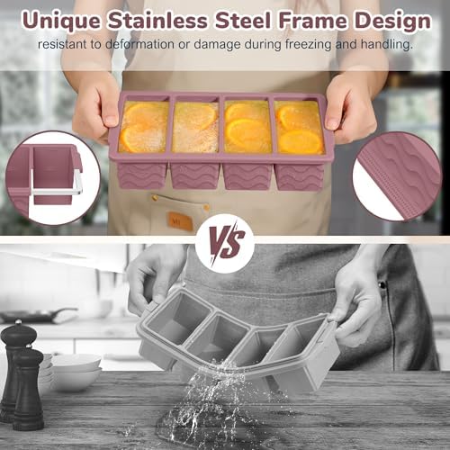 Silicone Freezer Trays with Lid (4-Pack), 1-Cup, 2-Cup, 1/2-Cup & 2-Tbsp Silicone Freezer Molds, Stackable Soup Freezer Meal Prep Containers,Ice Cube Tray for Making Sauce,Smoothies,Yogurt Bites