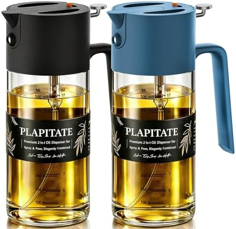 PLAPITATE 2Pcs 17oz Premium Olive Oil Sprayer for Cooking, 2 in 1 Glass Olive Oil Dispenser Bottle for Kitchen Gadgets, Spray Bottle with Portion Control for Salad, Frying, BBQ (Black & Blue)