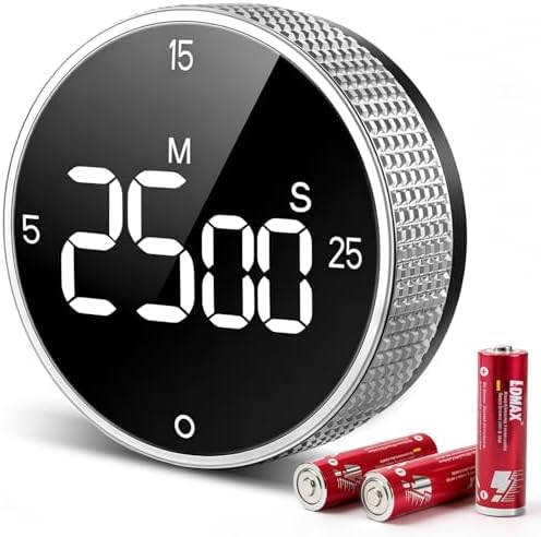 Digital Kitchen Timer with Magnetic, Large LED Display Countdown/Countup Timer, Pomodoro Preset 5/15/25 Mins, Volume & Brightness Adjustable for Cooking Baking Working Studying Silver
