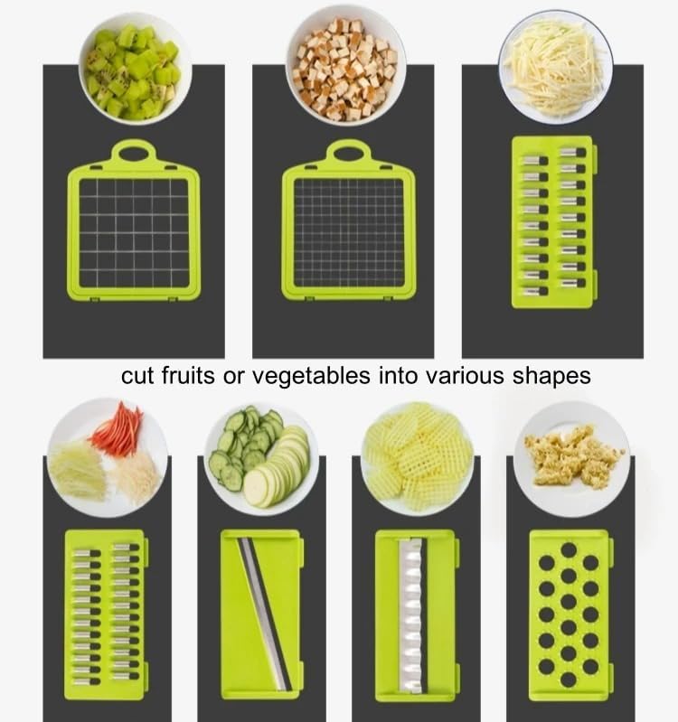 Multifunctional Vegetable Chopper with Container - Mandoline Slicer & Cheese Grater - Onion Chopper & Spiralizer - Kitchen Gadgets with 8 blades Veggie Cutter, Dicer, Mincer & Strainer