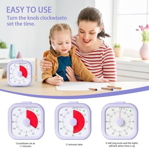Visual Timer for Kids 60 Minute Countdown Timer Silent Operation for Classroom Study Office Kitchen Kids Timer Teaching (Purple)