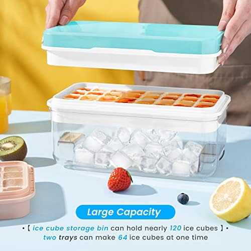 PHINOX 1" Ice Cube Tray with Lid and Bin, Easy Release 64 Cubes for Freezer