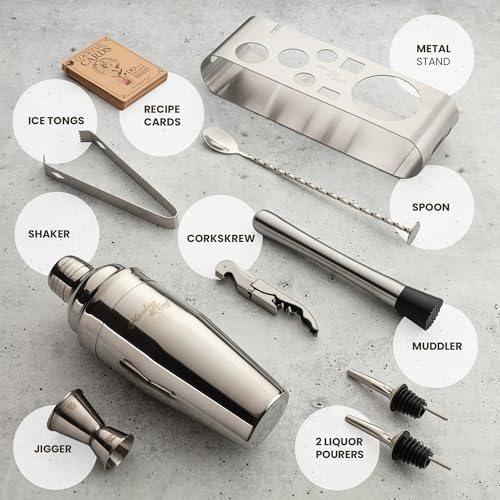 Mixology & Craft Cocktail Shaker Set: Complete Bartender Kit with Metal Stand and Bar Cart Accessories | Includes Exclusive Recipe Cards | Built to Last | Leak-Proof Design