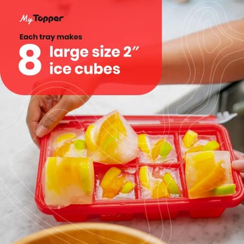 IceTopper XL Ice Cube Tray with Attached Lids - Easy Release Ice Cube Molds, 8 Large Cubes per Tray, Stackable, Microwave & Dishwasher Safe, 100% Food Grade Silicone, BPA Free & Recyclable (2 Pack)