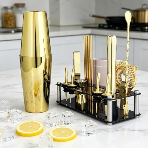 Professional Cocktail Shaker Set with Stand Cocktail Recipes, 15-Piece 750/600ml Bartender Kit, Bar Sets Bartending Kit Bar Tool Set 25/20oz Boston Shakers, Jigger, Muddler (Gold)