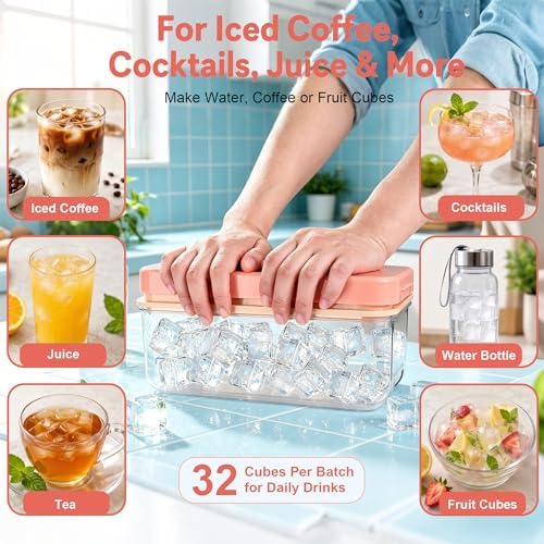Ice Cube Tray with Lid and Scoop - Stackable Press Ice Mold Set - Silicone Ice Cube Tray with Ice Bucket & Tongs for Home, Dorm, Camping, BPA-Free Easy Release Ice Cubes - Compact Freezer Organizer