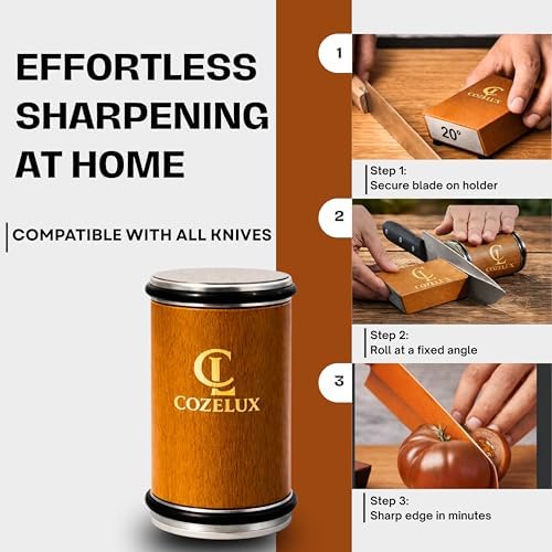 Rolling Knife Sharpener Kit - 400 & 3000 Grit Diamond & Ceramic Discs, 15° & 20° Magnetic Angle Guide knife sharpening kit with Leather Strop