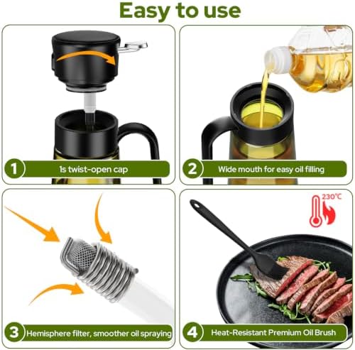 Olive Oil Spray Bottle with Basting Brush, 280ml Light-Proof Glass Oil Sprayer to Preserve Freshness, Ideal for Salad Dressing, Baking & Grilling