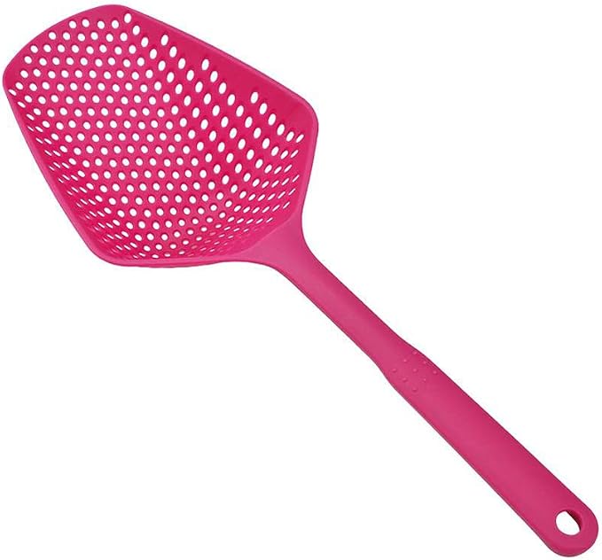 SEIWEI Large Strainer Spoon, Long Handle Tool Colander Draining Scoop, Heat-Resistant Pasta Strainer Cooking Kitchen for Spaghetti, Noodles, Veggies, Non-Slip Grip & Hanging Loop, 13.5'', Rose Red