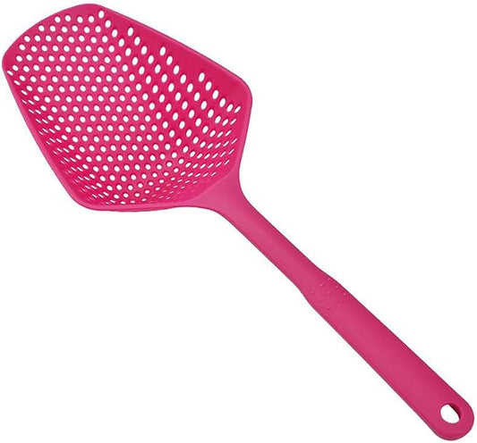 SEIWEI Large Strainer Spoon, Long Handle Tool Colander Draining Scoop, Heat-Resistant Pasta Strainer Cooking Kitchen for Spaghetti, Noodles, Veggies, Non-Slip Grip & Hanging Loop, 13.5'', Rose Red