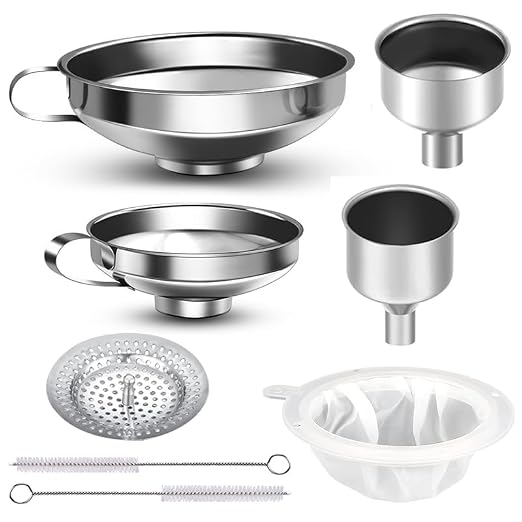 8 Pieces Stainless Steel Funnels with Fine Mesh Strainer for Canning | Metal Canning Funnels Wide Mouth Canning Funnel Household for Filling Bottles Oil Power Jam Grains
