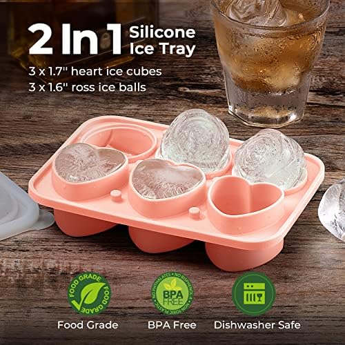 3 Rose & 3 Heart Shaped Ice Cube Tray, MEETRUE Silicone Ice Cube Tray with Clear Funnel-type Lid Novelty Rose Ice Cube Mold Ice Ball Maker Mold Ice Tray for Cocktails Whiskey Chilled Drinks,Pink
