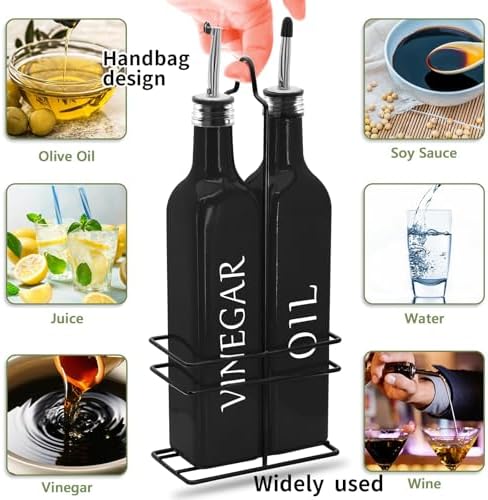 Farmhouse Oil and Vinegar Dispenser Set, 17 oz, beautiful olive oil dispenser, includes a black steel rack and a funnel, vintage cruets for vinegar and oil (Black)