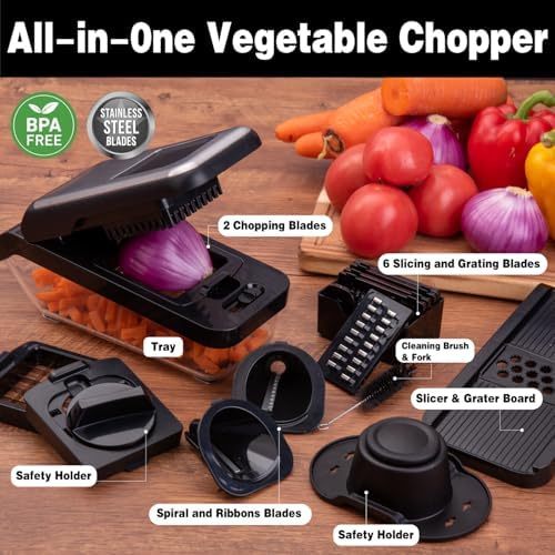 Vegetable Chopper, 10-in-1 Mandoline Slicer and Chopper with 10 Interchangeable Blades & Container, 304 Stainless Steel Press Lid, Onion Chopper, Potato Slicer, Julienne Cutter