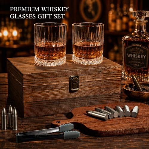 Whiskey Gifts for Men – Whiskey Glasses Set with 6 Stainless Steel Bullet Whiskey Stones, 2 Old Fashioned Glasses, Wooden Bourbon Gift Box, Premium Barware Gift Set