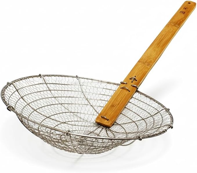 TrueCraftware- 14” Galvanized Steel Fine Mesh Skimmer with Natural Bamboo Handle- Spider Strainer Ladle Kitchen Frying Food Pasta Spaghetti for Cooking and Frying Pasta Strainer Spoon