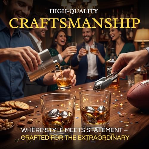 Football Gifts for Men Dad - Whiskey Glasses and Chilling Stones Gift Set, Whiskey Flask, Whiskey Glasses, Stainless Steel Whiskey Footballs, Slate Stone Coasters, Tongs Gift Box