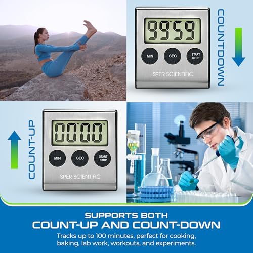 Sper Scientific Stainless Steel Digital Lab + Kitchen Timer 810028A – Compact Design Timer with Large Display & Loud Alarm - for Cooking, Baking, Labs, Workouts & More