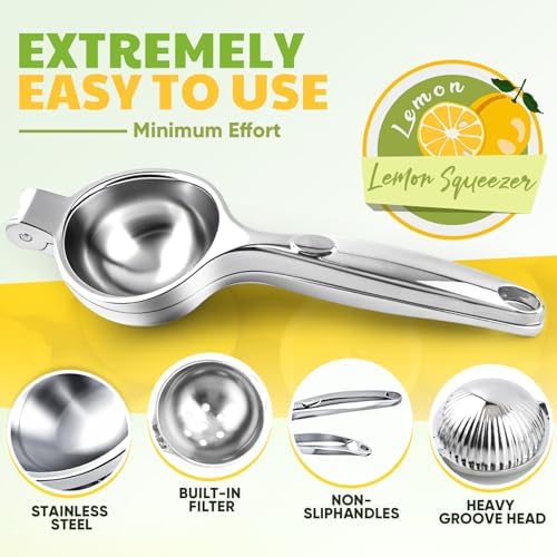 Lemon Squeezer Large, Lemon Squeezer Juicer Stainless Steel, Heavy Duty Manual Citrus Juicer Hand Press, Kitchen Tools Lime Squeezer Bar Tool, Easy to Clean Metal Lemon Hand Press