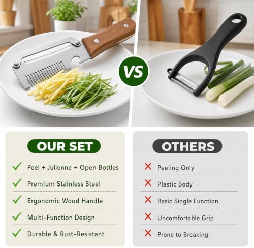 Upgrade Vegetable Peeler and Julienne Peeler Set, 2-Pcs Multifunctional Stainless Steel Veggie Peelers for Kitchen with Wood Handles & Built-in Bottle Opener, Sharp Potato, Carrot & Scallion Shredder