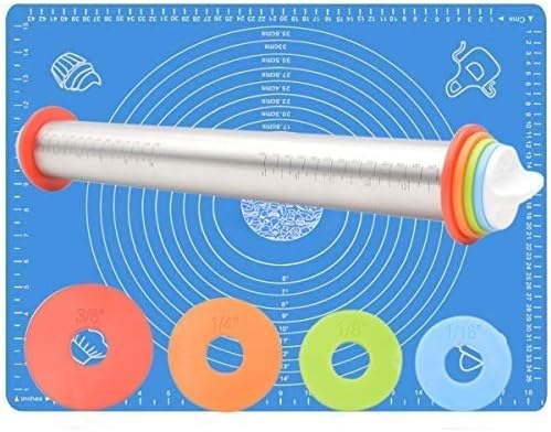 Rolling Pin and Baking Mat Set, Stainless Steel Dough Roller with Thickness Rings for Baking/Dough/Pizza/Pastry/Cookies, Non-Stick Reusable Large Kneading Silicone Mat with Measurements