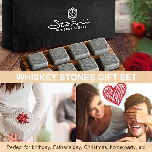 Whiskey Stones Gift Set Pack of 8 Whiskey Chilling Stones with Wooden Gift Box for Whiskey Lovers, Great Whiskey Gift for Men Dad Husband Friend Birthday